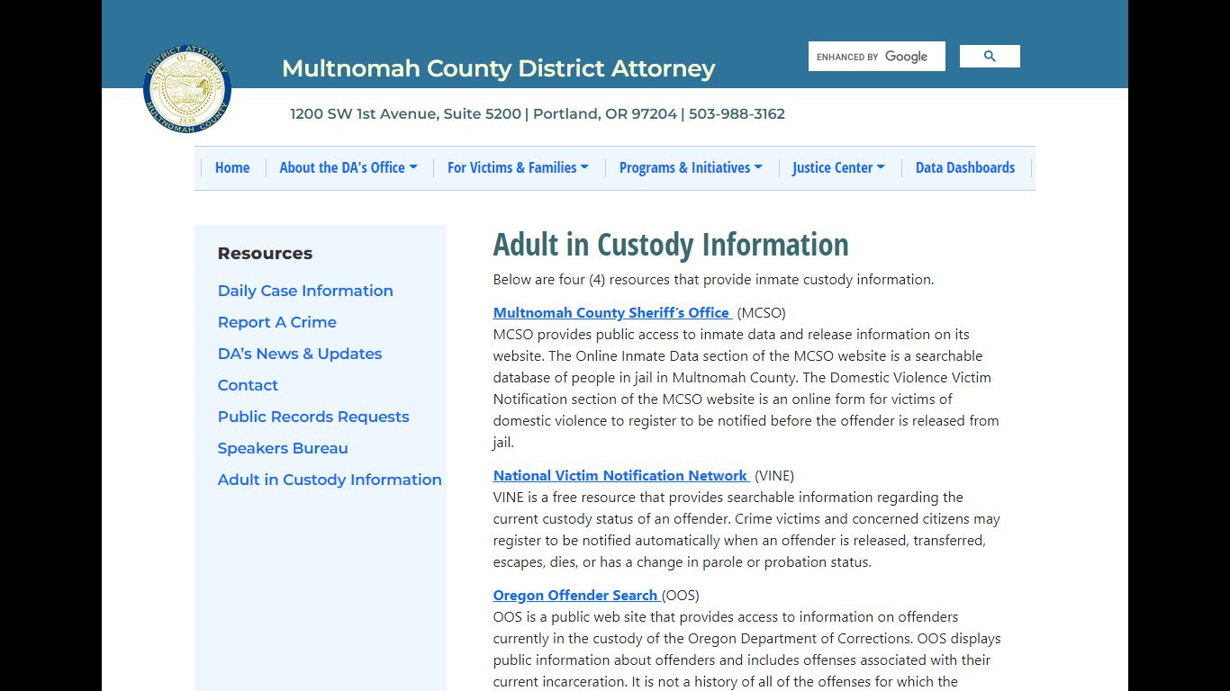 Adult in Custody Information | Multnomah County District Attorney